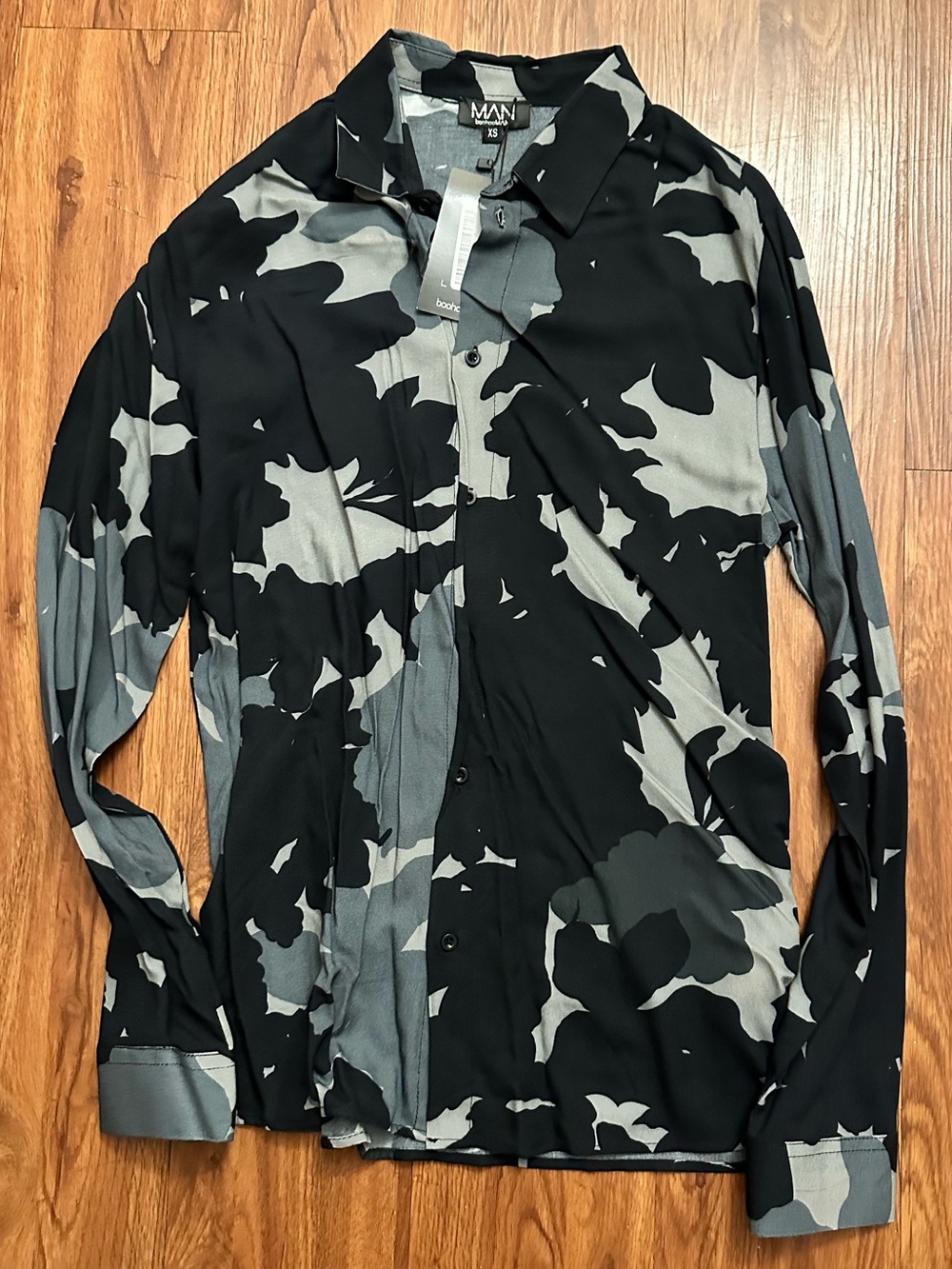 BoohooMAN Black & Gray Camouflage Print Button-Up Shirt